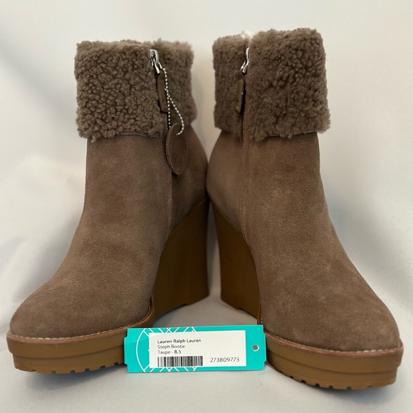 Lauren Ralph Lauren Steph Women’s Taupe Suede Shearing Trim Booties - Picture 7 of 10